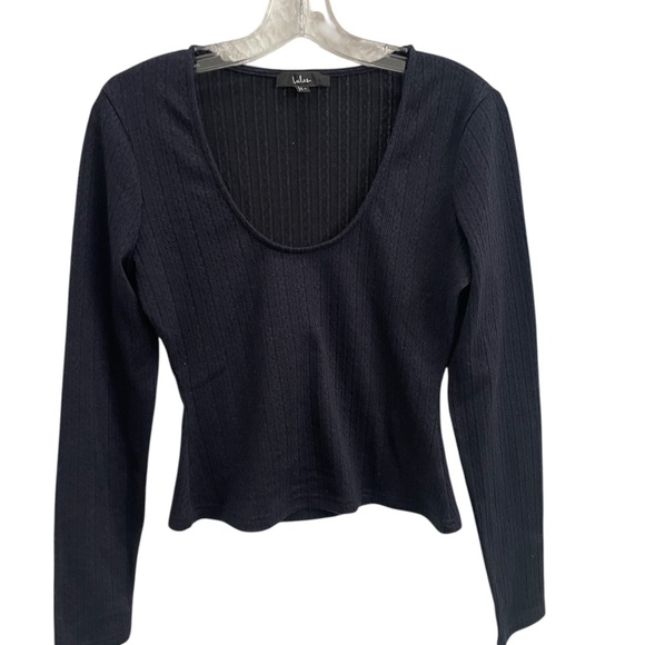 Lulus Navy Pointelle Scoop Neck Long Sleeve Top. Size Medium. - Picture 5 of 7